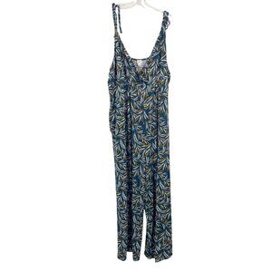 NEW Loft Blue Leaf Jersey Knit Wide Leg Jumpsuit Surplice Tie Straps Size XL